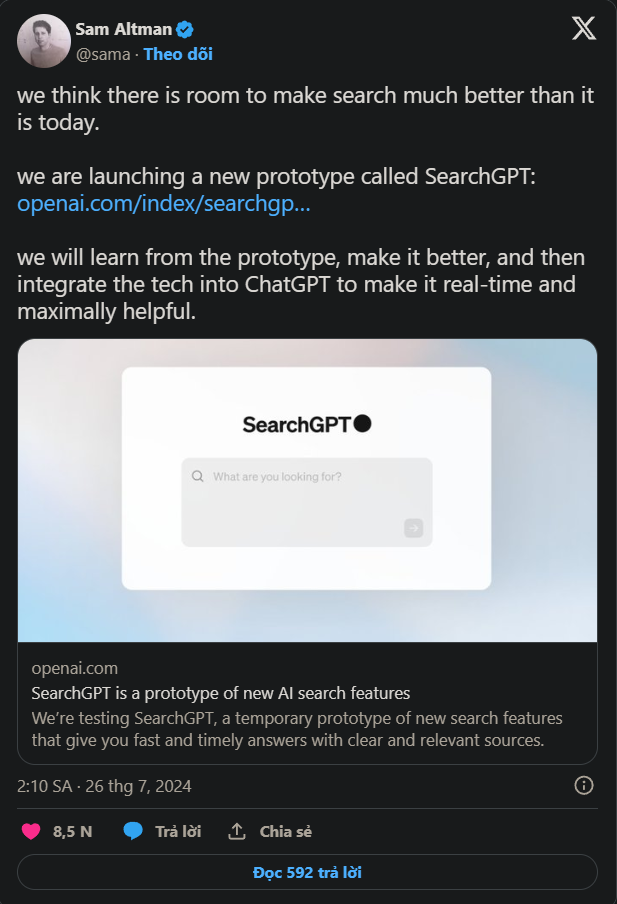 OpenAI phát hành SearchGPT: Đối thủ mới của Google Search