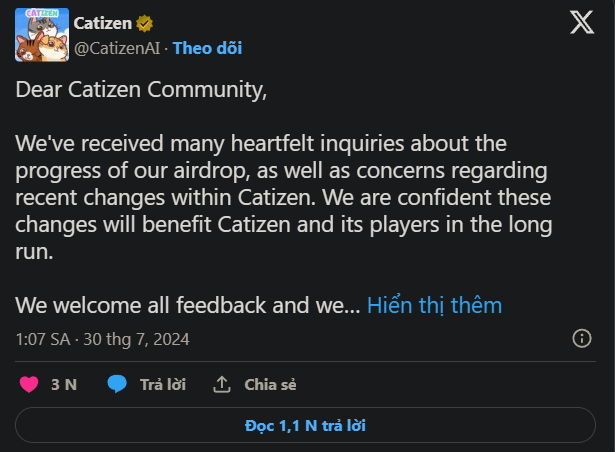 Trò chơi Catizen trên Telegram tạm dừng airdrop