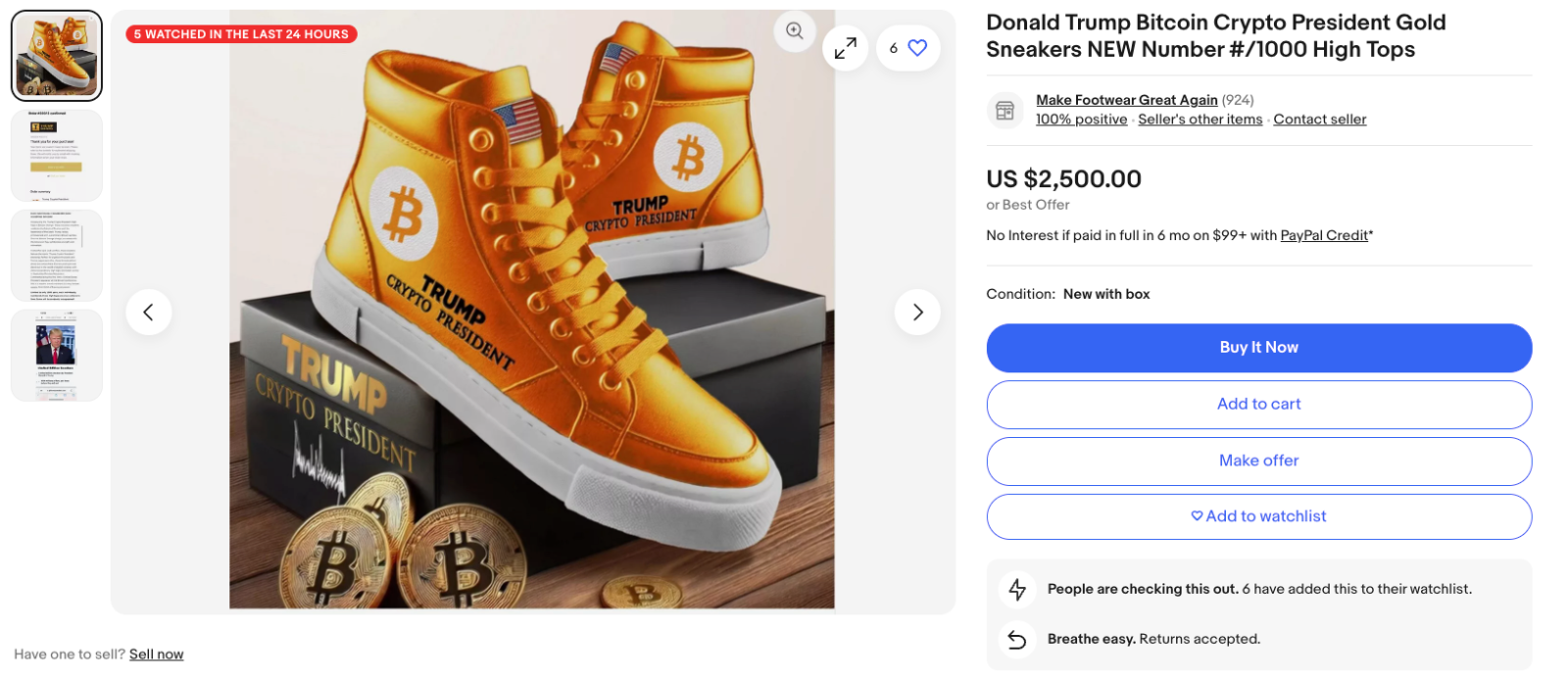 Giày Bitcoin mang thương hiệu Trump được chào bán trên eBay, giá khởi điểm 2.500 USD