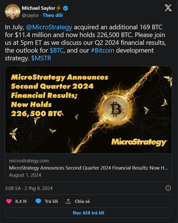 Báo cáo quý 2 của MicroStrategy: Giá trị kho Bitcoin tăng lên 14,7 tỷ đô la