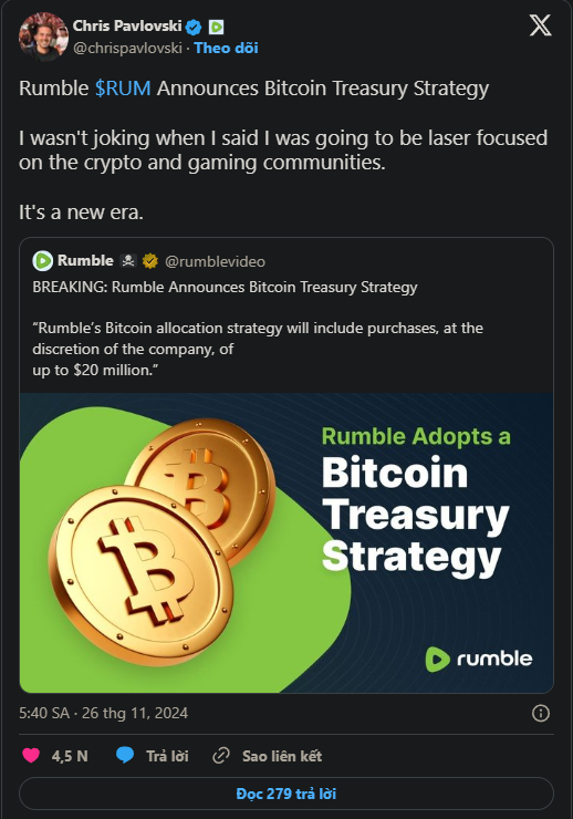 Rumble chi 20 triệu đô la để đầu tư vào Bitcoin