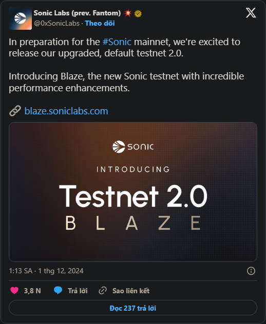 Blaze Testnet 2.0 từ Sonic Labs: Bước tiến vượt bậc về hiệu năng