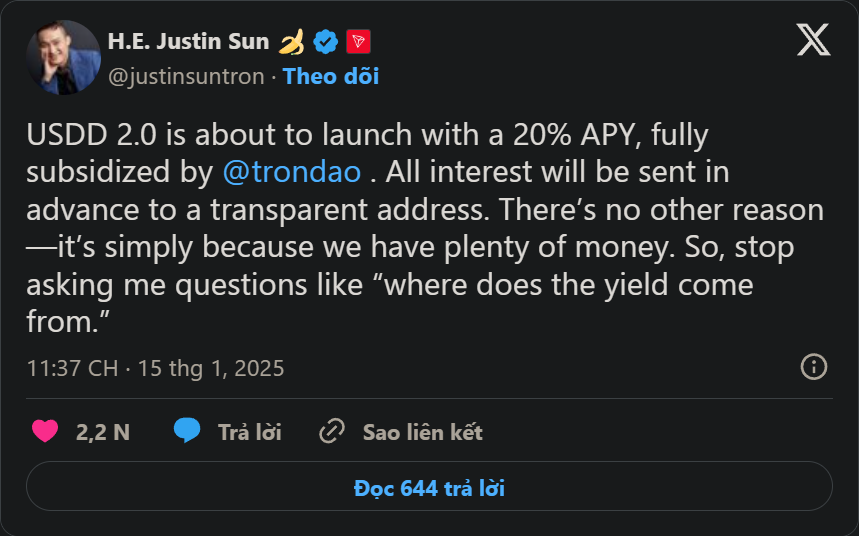 USDD 2.0 sắp ra mắt trên Tron với nhiều cải tiến và APY hấp dẫn
