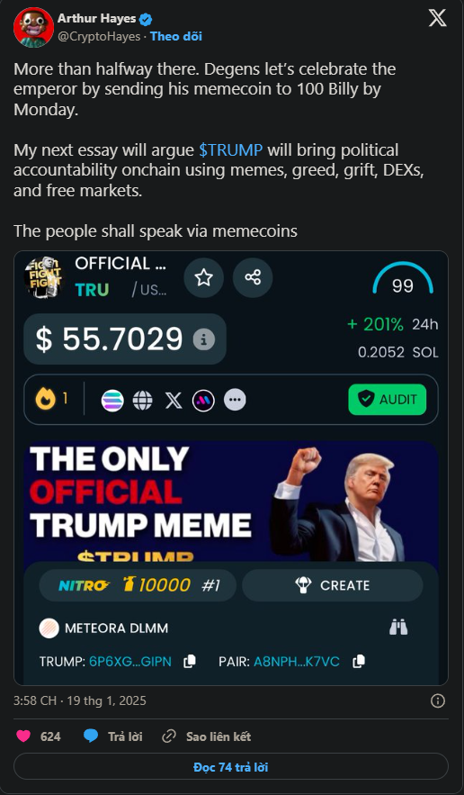 Arthur Hayes: Giá Trị Memecoin TRUMP Có Thể Đạt 100 Tỷ Đô