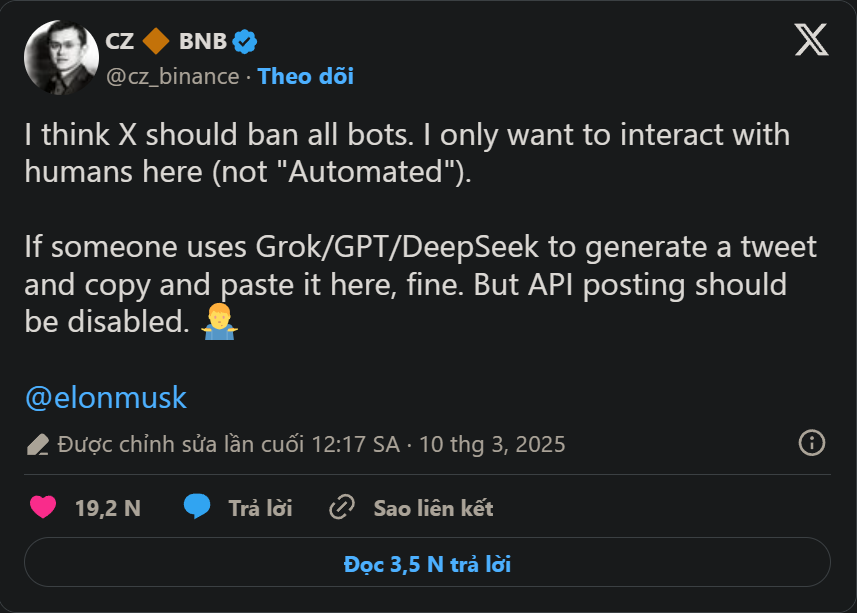 CZ hối thúc Elon Musk chặn bot trên X, cảnh báo về lòng tham ngắn hạn trong thị trường tiền số.