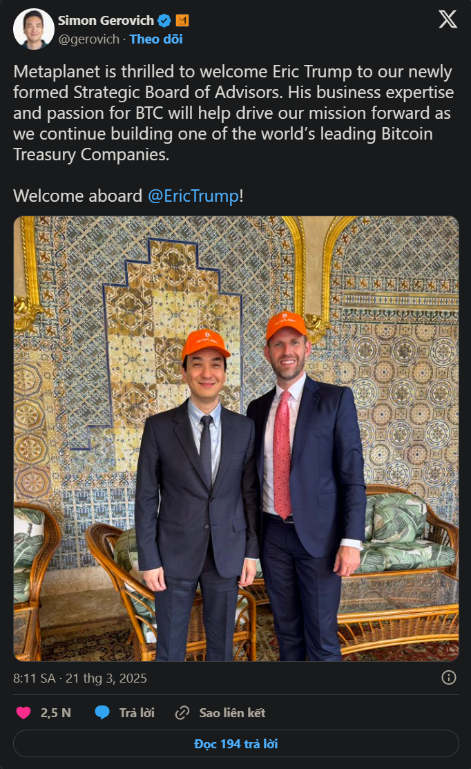 Metaplanet chào đón Eric Trump vào ban cố vấn chiến lược