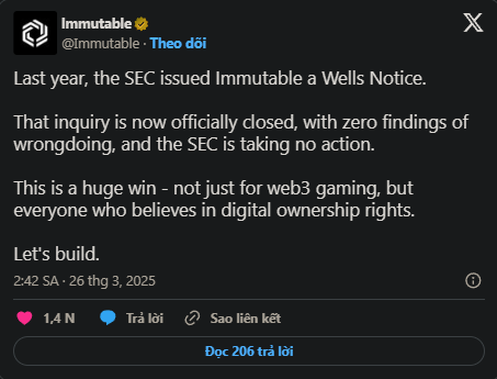 SEC kết thúc điều tra Immutable, giá IMX lập tức tăng 7%