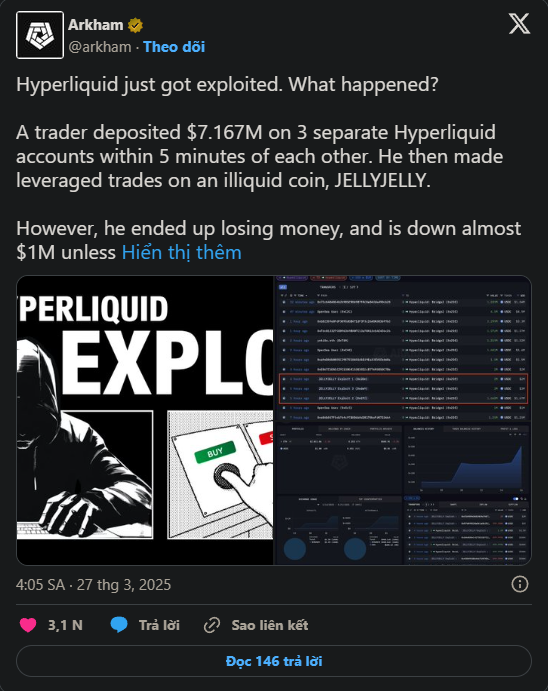 Lỗ gần 1 triệu USD: Trader thao túng Hyperliquid gặp rủi ro lớn
